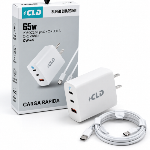 CARGADOR 2 PIEZAS TIPO C A TIPO C 65W USB + DOBLE SLOT TIPO C CLD